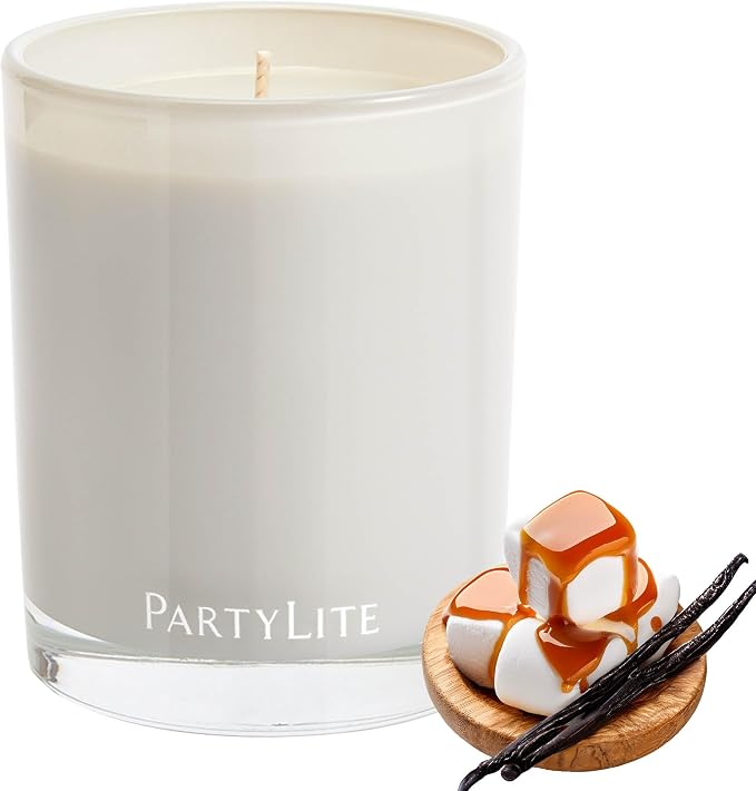 PartyLite Marshmallow Vanilla Escential Jar™ Candle, Scented with Caramel & Sugarcane, 7.75oz 1-Wick Reusable Glass Jar, 50-Hour Burn, Aromatherapy Home Fragrance
