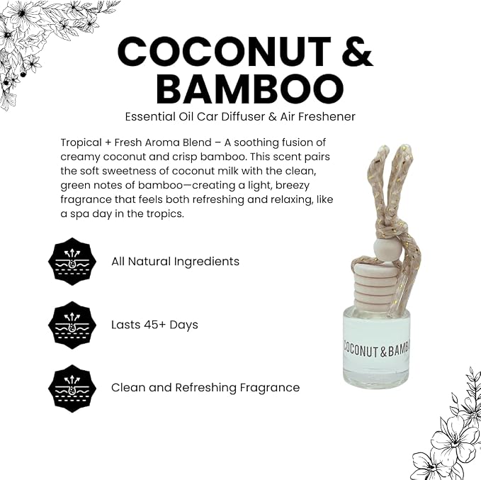 Bamboo and Coconut Hanging Car Air Freshener – Long Lasting Essential Oil Diffuser for Car, Closet, Bathroom – 2-Pack Natural Scent Deodorizer