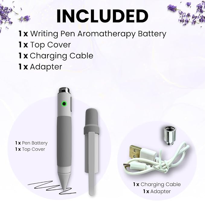 Aromatherapy Writing Pen Battery with Real Ink Tip and Hidden Diffuser Port, Soft Touch Ballpoint for Note Taking, Signature, and On-The-Go Relaxation, Rechargeable Wellness Gift for Office (Silver)
