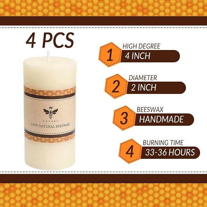 DEYBBY 2x4 inch Natural White Beeswax Pillar Candle Set of 4, Smokeless Dripless Pure Beeswax Candles with Natural Scent for Blackout Decoration Spa Relaxation（Ivory White）