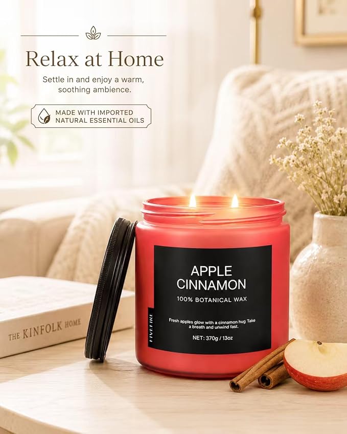 Apple Cinnamon Home Scented Candles, 13oz Organic Soy Wax, 76-Hour Clean Burning, Natural Candles Non Toxic, Spicy & Sweet Scent for Relaxation, Aromatherapy Housewarming Candle for Men Women