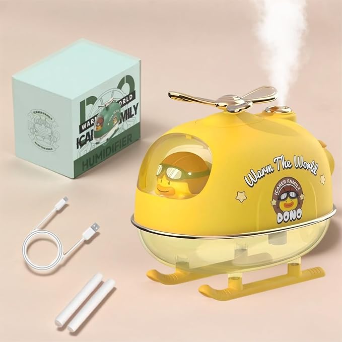 Cute Duck Pilot Desktop Mini Humidifier with LED Night Light, 300ml Essential Oil Diffuser with Rotatable Propeller, Portable Cool Mist Humidifier for Bedroom, Office, Car, Travel (Yellow)