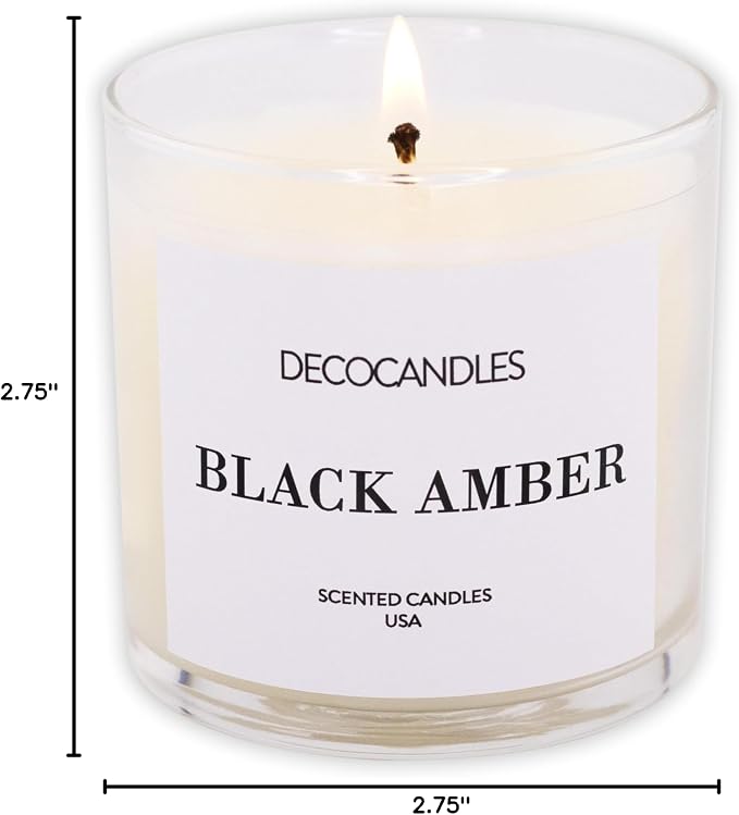 DECOCANDLES Black Amber Home Fragrance Candle, 6 Oz Soy Wax Blend Scented Candle, Long Burn Time