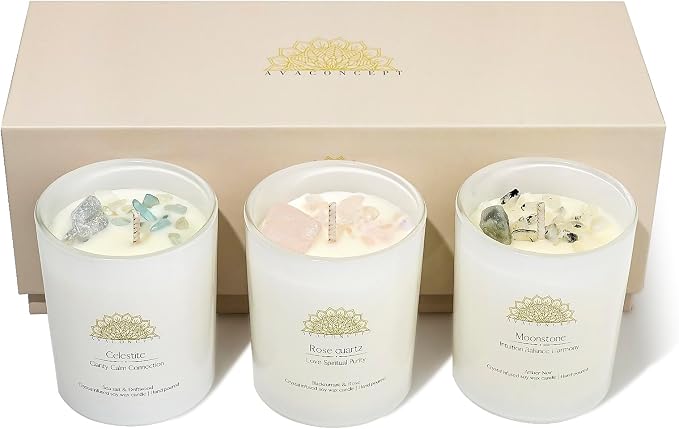 AvaConcept Healing Crystal Candle Gift Set – Set of 3 Celestite, Rose Quartz & Moonstone Hand-Poured Soy Wax Sea Salt Driftwood, Blackcurrant Rose & Amber Noir Aromatherapy Scents Premium Gift Box