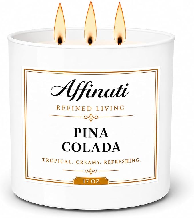 Affinati Pina Colada 3-Wick Scented Candle – Large Soy Blend Candle, Strong Scent Throw Sweet Pineapple Coconut Paradise Tropical Vibe Candle, Premium Luxury Gift