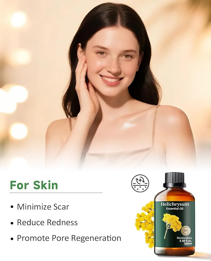 Helichrysum Essential Oil Pure – Mumianhua Natural Oil for Skin & Hair, Aromatherapy for Massage, DIY Candle & Soap Making, Diffuser & Humidifier – 3.38 Fl oz
