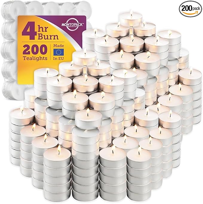 MontoPack Unscented Tea Light Candles 200 Pack | 4 Hours, White, Smokeless, Dripless Small Votive Paraffin Tealights | Long-Lasting for Home, Shabbat, Weddings, Events, Emergencies | Mini Candles Bulk
