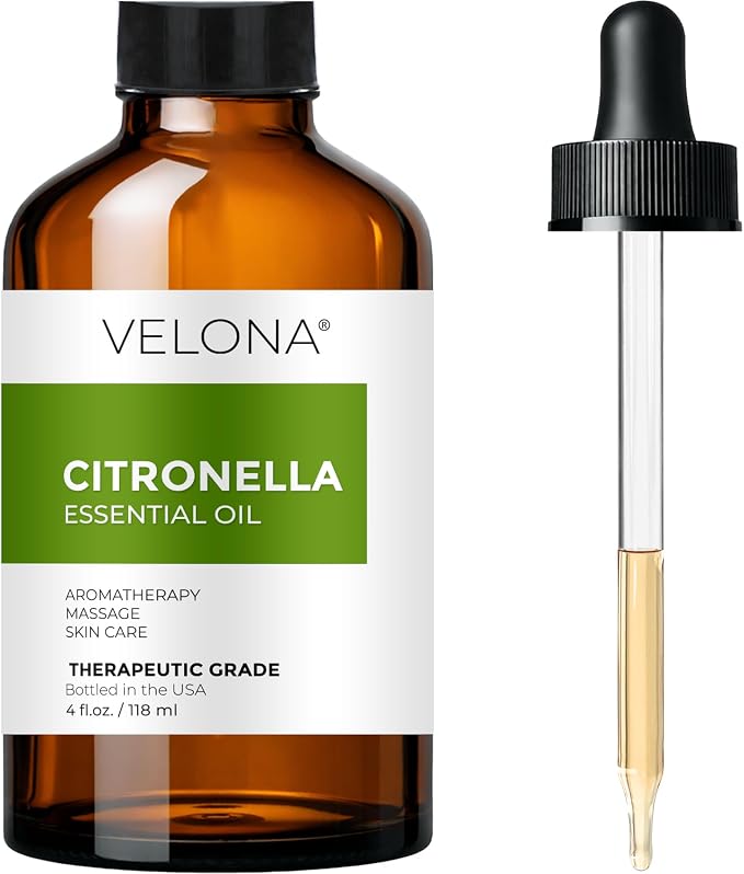 Citronella Essential Oil by Velona - 4 Fl Oz | Therapeutic Grade 100% Pure and Natural | for Aromatherapy Diffuser, Massage, Skincare, Haircare, Soapmaking | Undiluted and Multipurpose in Glass Bottle