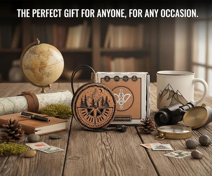 Wood Car Air Freshener — Compass Mountains — Handmade Unscented DIY Essential Oil Hanging Diffuser with Felt Insert — Add Your Own Oils — Refillable — Car/Truck/SUV — Cardboard Box
