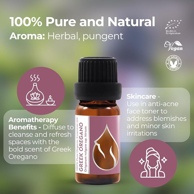 Essences Bulgaria Organic Greek Oregano Essential Oil 1/3 Fl Oz | 10ml | Origanum vulgare SSP. hirtum | 100% Pure and Natural | Undiluted | Therapeutic Grade | Family Owned Farm | Steam-Distilled