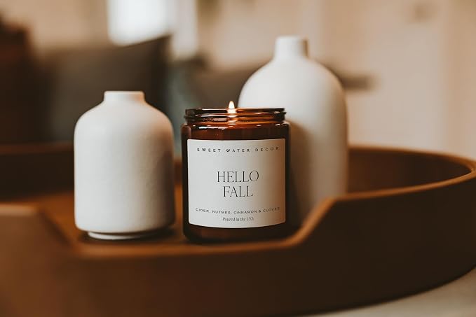 Sweet Water Decor Hello Fall Soy Candles - Fall Candle with Hot Cider, Cinnamon, Cloves, and Nutmeg Scent for Home - Soy Candle with 40 Hours Burn Time - 9Oz Black Lid Amber Jar Candles Fall Scents