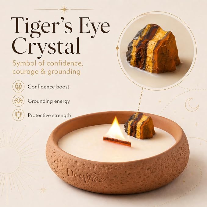 DEEP FLOW Tiger’s Eye Luxury Protection Candle - Jangchub Gold Ritual, Confidence & Grounding Scented Candle for Manifestation & Strength (Golden Resilience)