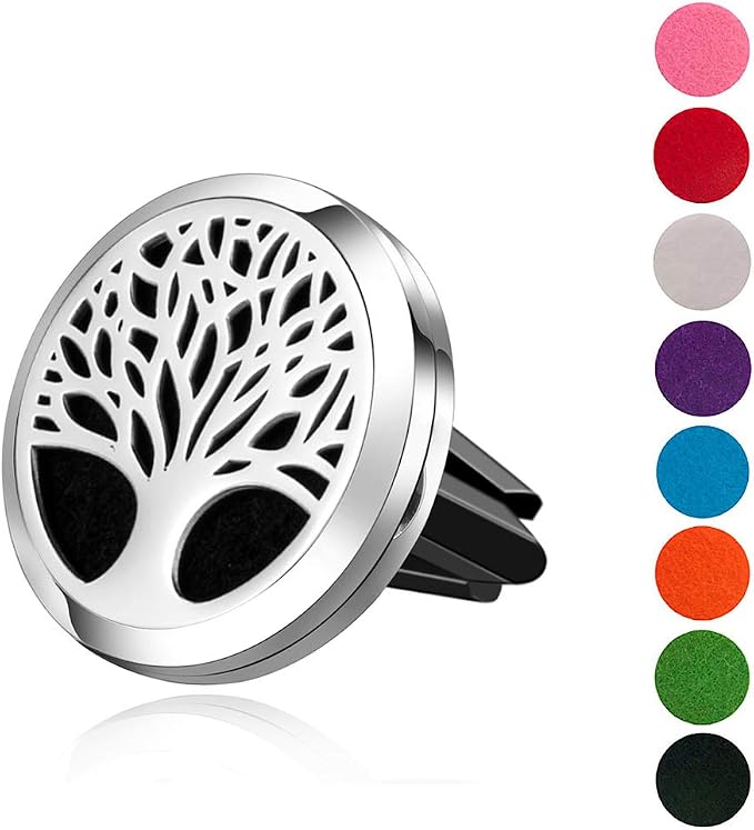 Wild Essentials Tree of Life Essential Oil Car Vent Diffuser, Stainless Steel Locket Pendant with 8 Color Refill Pads, Customizable Color Changing Air Freshener for Aromatherapy