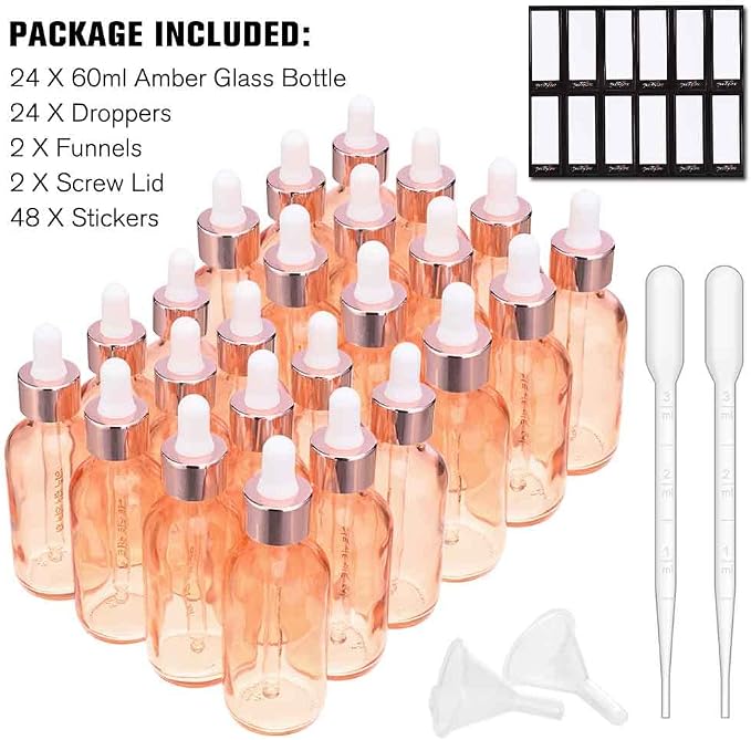 PrettyCare Glass Eye Dropper Bottles 2oz (60ml), 24 Pcs Rose Empty Thick Large Bottles Bulk with Leakproof Caps - With Labels & Funnels for for Storage, Travel,Essential Oils, Skincare, Tincture