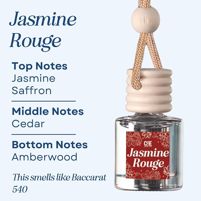 C&E Craft Co Hanging Car Air Freshener Diffuser 2 Pack, Long Lasting Fragrance Oil Car Freshener, Glass Bottle Auto Air Freshener, Made in USA (Jasmine Rouge)