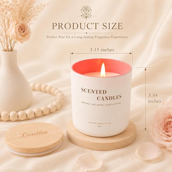 Lanttu Rose Scented Candle, 10 oz Natural Soy Wax | 40 Hours Long Lasting Burning, For Women Mom Friend, Birthday Housewarming Gift, Home Decor