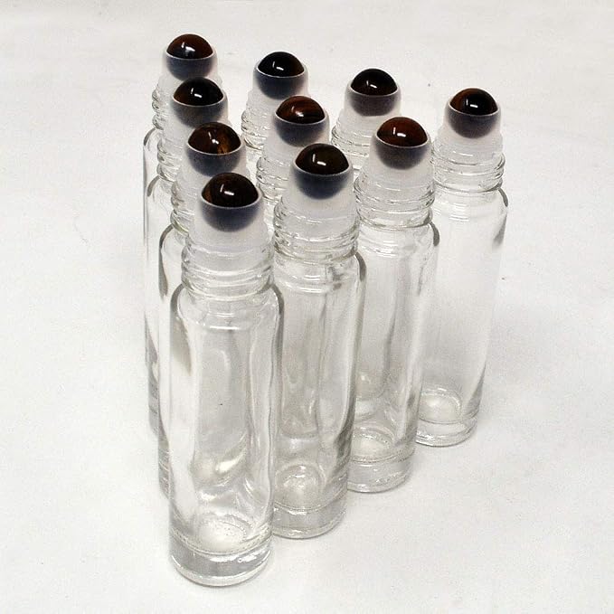 fengshuisale 10pcs Clear 10ml Empty Refillable Glass Bottles with Crystal Semiprecious Stones Essential Oil Gemstone Roller Ball Bottles with Silver Lid with Free Bag W3900 (Tiger Eye)