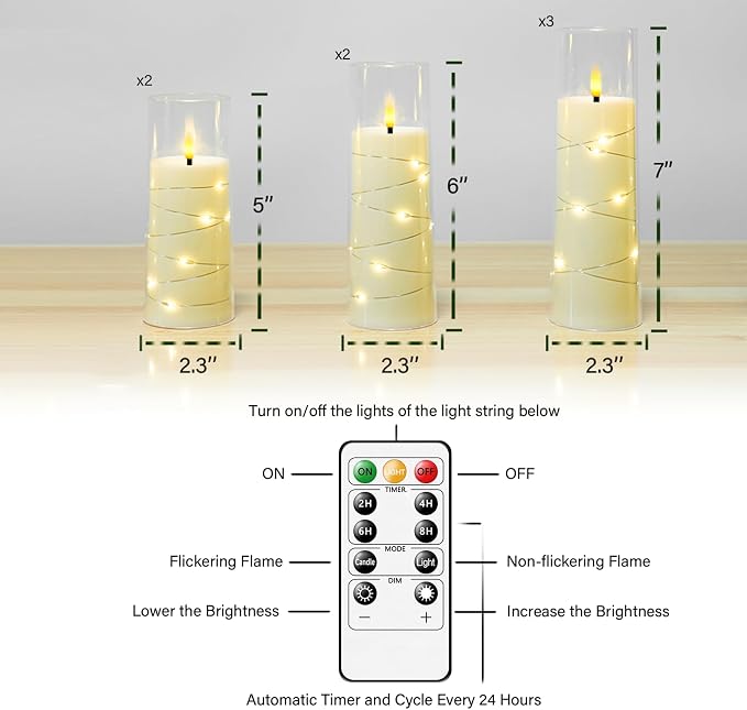 Eebuss Flameless Candles with Embedded Star String, Battery Operated LED Pillar Candles with Timer and Remote Control,Home Decorating for Ambiance， Set of 7(Ivory)