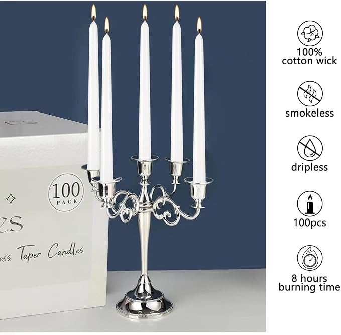 YOROXRG 100Pack White Taper Candles, 7-8 Hours Burn Time, Unscented, Smokeless and Dripless, 0.75 x 10 Inch Dinner Candle Set for Household, Wedding, Party and Home Décor Candlesticks