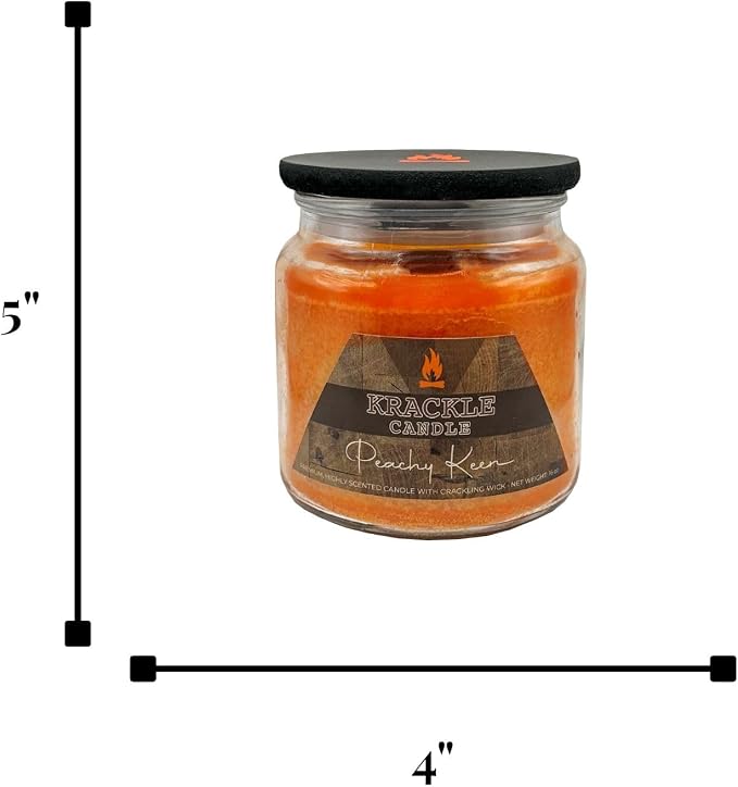Krackle Candle | Peachy Keen | 16 oz Scented Candle with Natural Crackling Wooden Wick | Poured in the USA | Peach, Brown Sugar & Cinnamon Fragrance