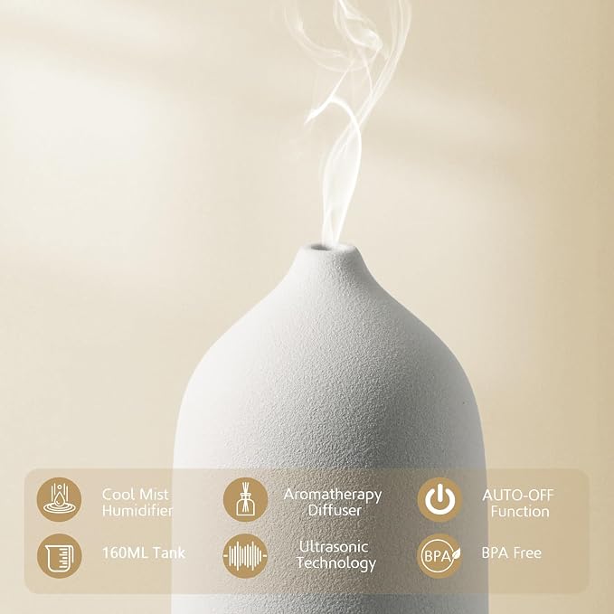 Diffuserlove Ceramic Essential Oil Diffuser 160ML Aromatherapy Diffuser for Home Bedroom Room Cool Mist Humidifier Stone Air Diffusers with Yellow Wood Pattern Base (Size:6.8" H x 3.6" W)