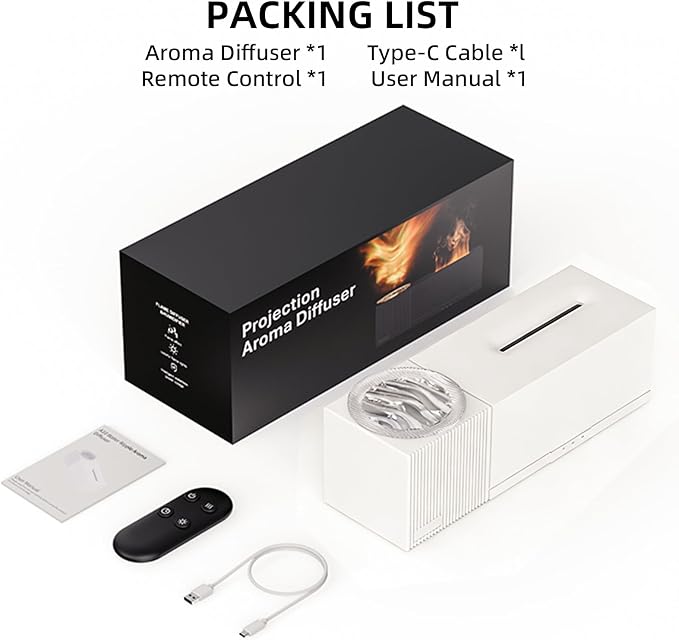 Starry Sky Aroma Diffuser with Flame Effect, 150ml Ultrasonic Essential Oil Humidifier, 7 Colors LED, Remote Control, Timer, Ultra-Quiet for Bedroom, Office, Home Relaxation (White)