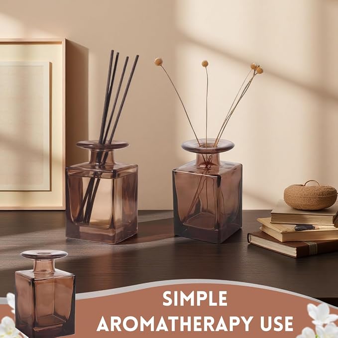 150ml/5oz Glass Square Wide Mouth Diffuser Bottle Empty Refillable Essential Oil Jar Perfume Container Home Fragrance Scented Oils Holder for Bathroom Décor (Amber)