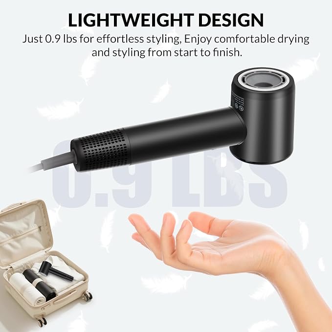 Chignon Hair Dryer with Diffuser, Ionic Travel Hairdryer with 160,000 RPM High-Speed Motor for Fast Drying, 1600W Lightweight Blow Dryer with Concentrator for Women Men, Professional Salon Home, Black