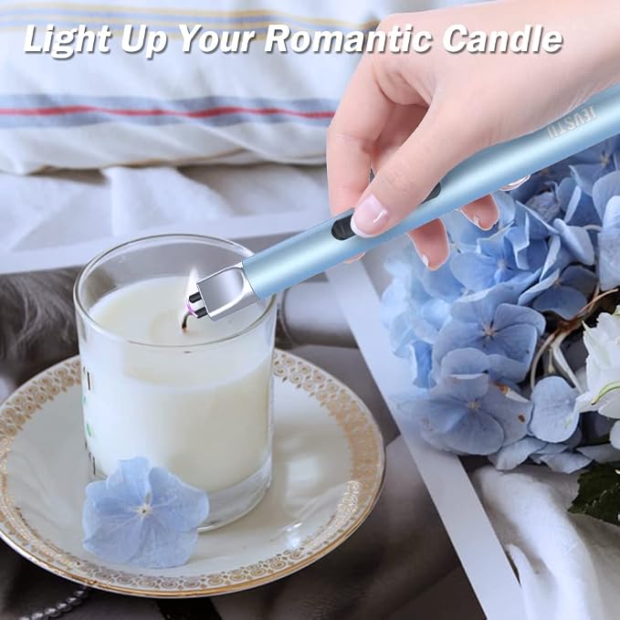 Electric Candle Lighter - Rechargeable USB Arc Windproof Flameless Plasma Lighter with Long Stick, Rope and Ring - No Butane Fluid - Perfect for BBQ, Camping, Kitchen Stove - Blue