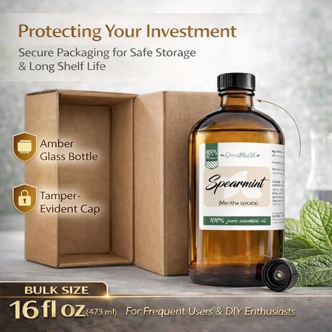 Spearmint Essential Oil – 16 fl oz (473 ml) – 100% Pure & Natural Mentha Spicata – Therapeutic Grade Bulk Essential Oil in Amber Glass Bottle with Dropper – GreenHealth