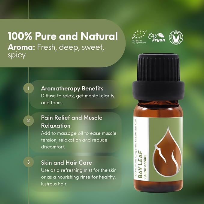 Essences Bulgaria Organic Bay Leaf Essential Oil 1/3 Fl Oz | 10ml | Laurus nobilis | 100% Pure and Natural | Undiluted | Therapeutic Grade | Family Owned Farm | Steam-Distilled | Non-GMO | Vegan