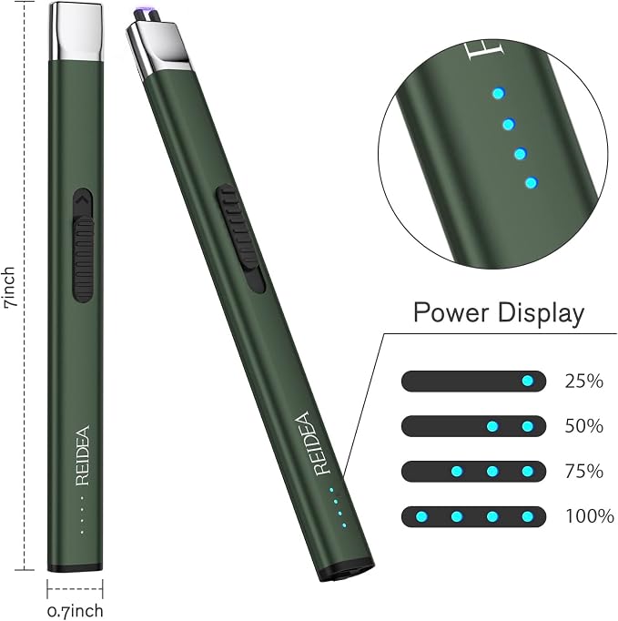 REIDEA Lighter R1 Electronic Candle Lighter, Windproof Flameless USB Rechargeable Flat Arc with Safe Button and Power Indicator for Candle, BBQ and Fireworks, Pine Green