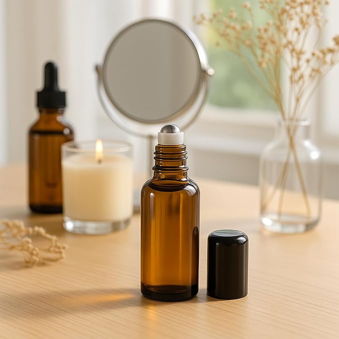 6 Packs 30ml/1Oz Amber Glass Roller Bottles with Black Caps Refillable Essential Oil Roll On Bottles Perfume Roller Containers for Aromatherapy, DIY Blends, Essential Oils