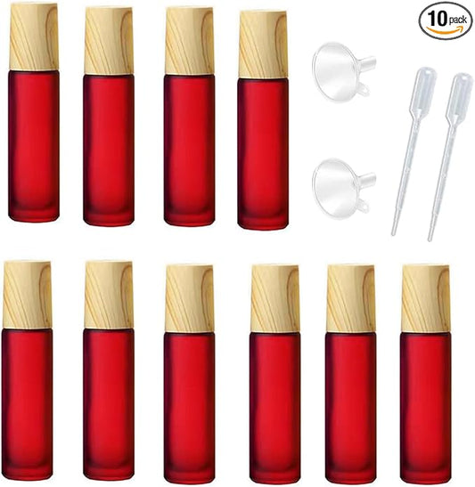 10 Pcs Frosted Glass Essential Oils Roll on Bottles,10ml Refillable Massage Roller Bottles Perfume Bottles with Stainless Steel Ball Wood Grain Cap Empty Travel Roller Essential Oils Vials(Red)