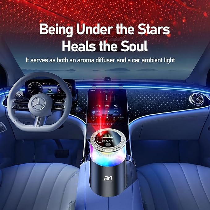 Smart Car Air Freshener with RGB Ambient Light, Galaxy Cloud Mist, Auto On/Off, Built-in Battery, Car Aroma Diffuser, Home, Office (4 Essential Oil Box), Long-Lasting Scent