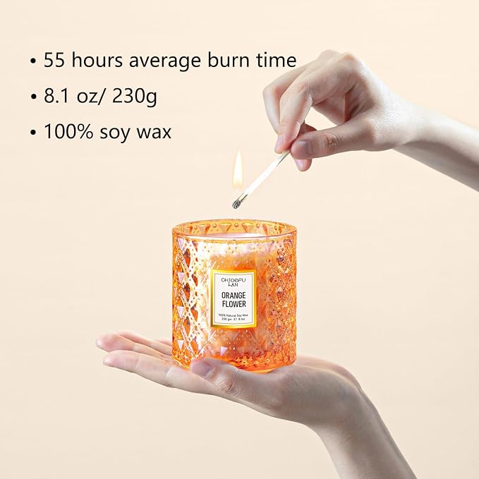 Orange Blossom Candle, Natural Soy Scented Candles for Stress Relief, Holiday Candle Gifts, 55 Hours Smokeless Long Lasting Burning, Great Gift for Women & Men
