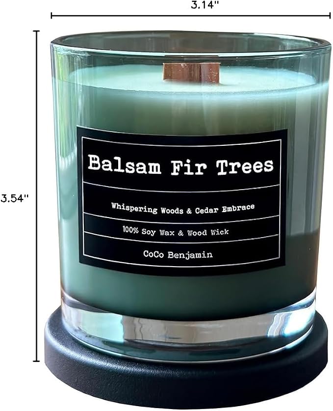 100% Natural Soy Wax Candle by CoCo Benjamin -Balsam Fir Trees -Highly Scented Hand-Poured Luxury Candle with Soothing Crackling Wood Wick for Clean & Even Burn
