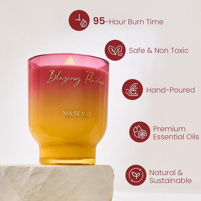 M&SENSE 16.6oz Natural Soy Large Jar Candle with Wooden Wick | Blazing Flames Scent | 95-Hour Burn & Long-Lasting Burn | Housewarming Gift for Men and Women