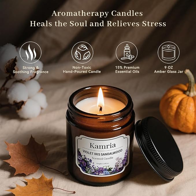 Violet Iris Sandalwood Candle, Elegant Floral Woody Aromatherapy in Amber Glass Jar, Natural Soy Wax for Home Decor, Relaxing Gift for Women, 7oz