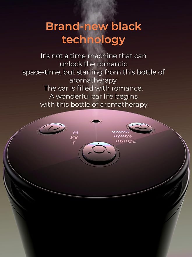 Battery Operated Waterless Diffuser – Portable Scent Machine for Car, Office & Bedroom, Ultrasonic Aroma Mist with 9 Color LED Light, Mini Essential Oil Diffuser Obsidian Black