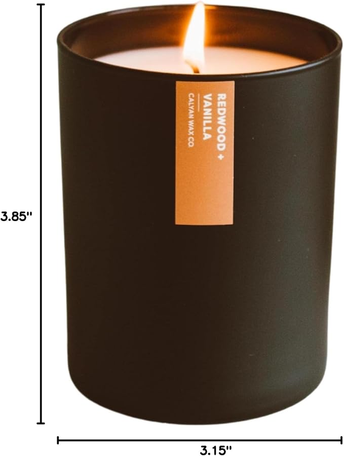 Calyan Wax Co. Redwood & Vanilla Scented Candle - 75 Hour Burn - Luxury Clean Soy Wax Candles - Long Lasting Black Tumbler Jar Candle for Home - 10.2oz