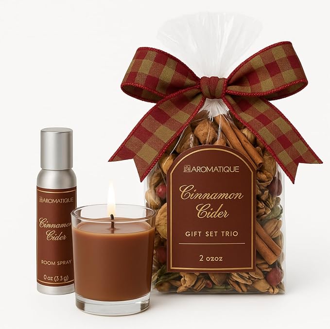 Aromatique Cinnamon Cider Gift Set Trio – Decorative Fragrance 2 oz, Room Spray 2 oz & Votive Candle 2.7 oz – Cinnamon, Apple & Citrus Fall Fragrance – Seasonal Home Décor – Made in The USA