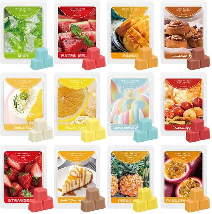 SCENTORINI Summer Scented Wax Melts 12 Pack - Fruit & Dessert Assorted Scents: Mango, Pineapple, Golden Apple, Vanilla Cake | Strong Wax Cubes for Warmer, Home Fragrance & Relaxation