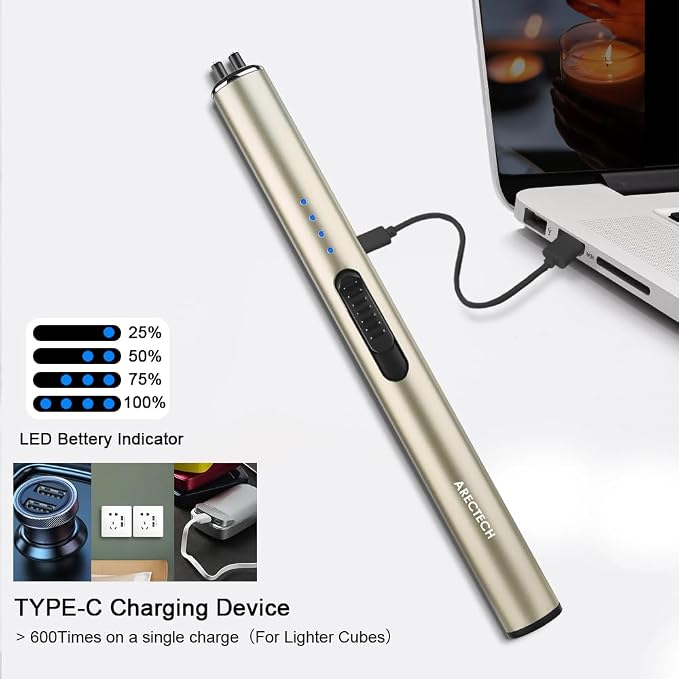 ARECTECH Electric Candle Rechargeable Lighter Arc Plasma Lighter for Candle Kitchen Camping Christmas Type-C Gold