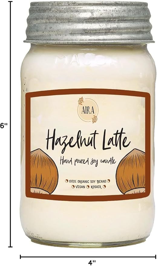 Aira Soy Candles - Organic, Kosher, Vegan, in Mason Jar w/Therapeutic Grade Essential Oil Blends - Hand-Poured 100% Soy Candle Wax - Paraffin Free, Burns 110+ Hours - Hazelnut Latte -16 Ounces