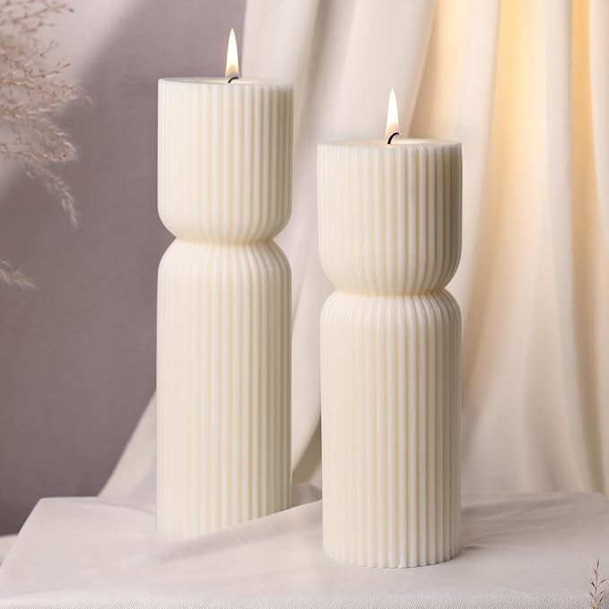 Aesthetic Sandalwood Scented Candles,Ribbed Pillar Candle Set of 2 (7.87" & 9.05" Tall), Natural Soy Wax Minimalist Geometric Decor, Modern Fluted Sculptural Candles for Home,Shelf, Mantel & Gift