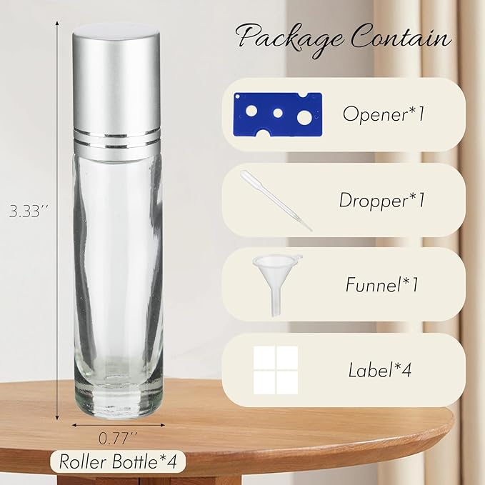 10ML Essential Oil Roller Bottles, 4 Pack Clear Silver Oil Roller Bottles for Essential Oils, Roll on Bottle with Stainless Steel Balls(4 Labels, Opener, Funnel, Dropper Included)