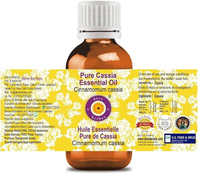 dève herbes Cassia Essential Oil (Cinnamomum Cassia) Pure | Non-Sticky | Non-Greasy | Lightweight | Men & Women | All Skin Types | Steam Distilled 30ml X 2 (2 oz)