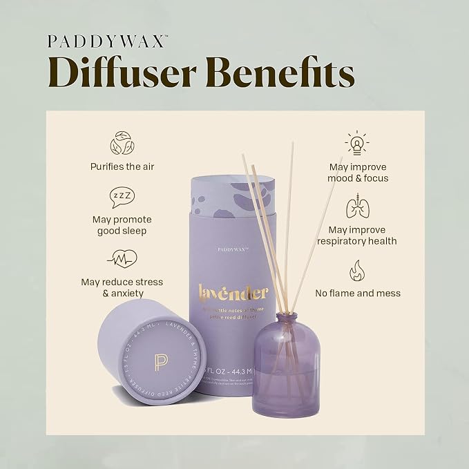 Paddywax Petite Reed Diffuser Set with Wooden Reeds, 720 Hour Long Lasting Home Fragrance Oil Diffuser, Decorative Milky Glass Bottle, Lavender Scent, Lilac, 1.5 oz
