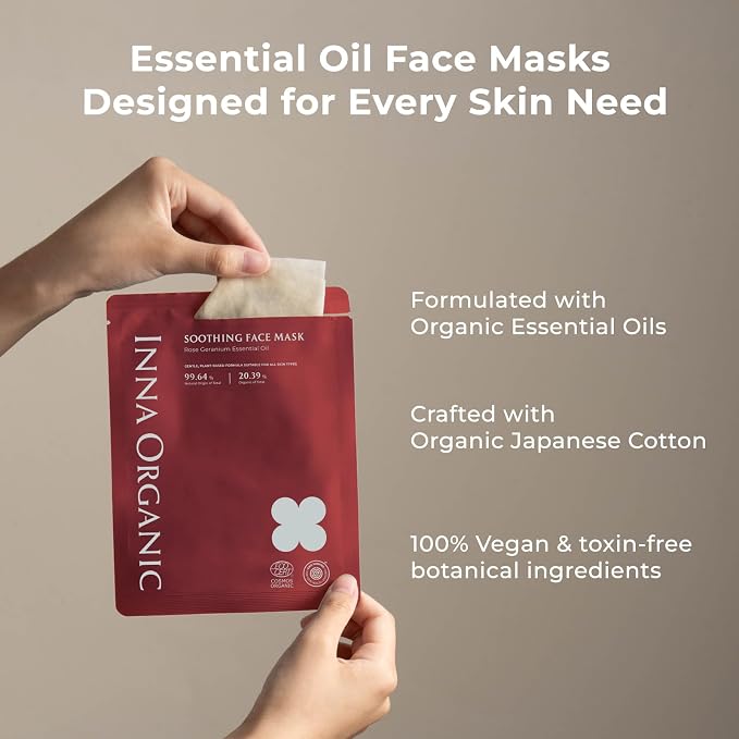 INNA ORGANIC Organic Sheet Mask - After Sun & Self Love, EWG & COSMOS Certified (Pack of 5) | Rose Geranium Essential Oils Infused Skin Care | Luxury Clean Beauty